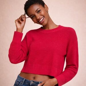 BCBG Generation Red Cropped Sweater Ribbed Knit Long Sleeve XS Bold Minimalist